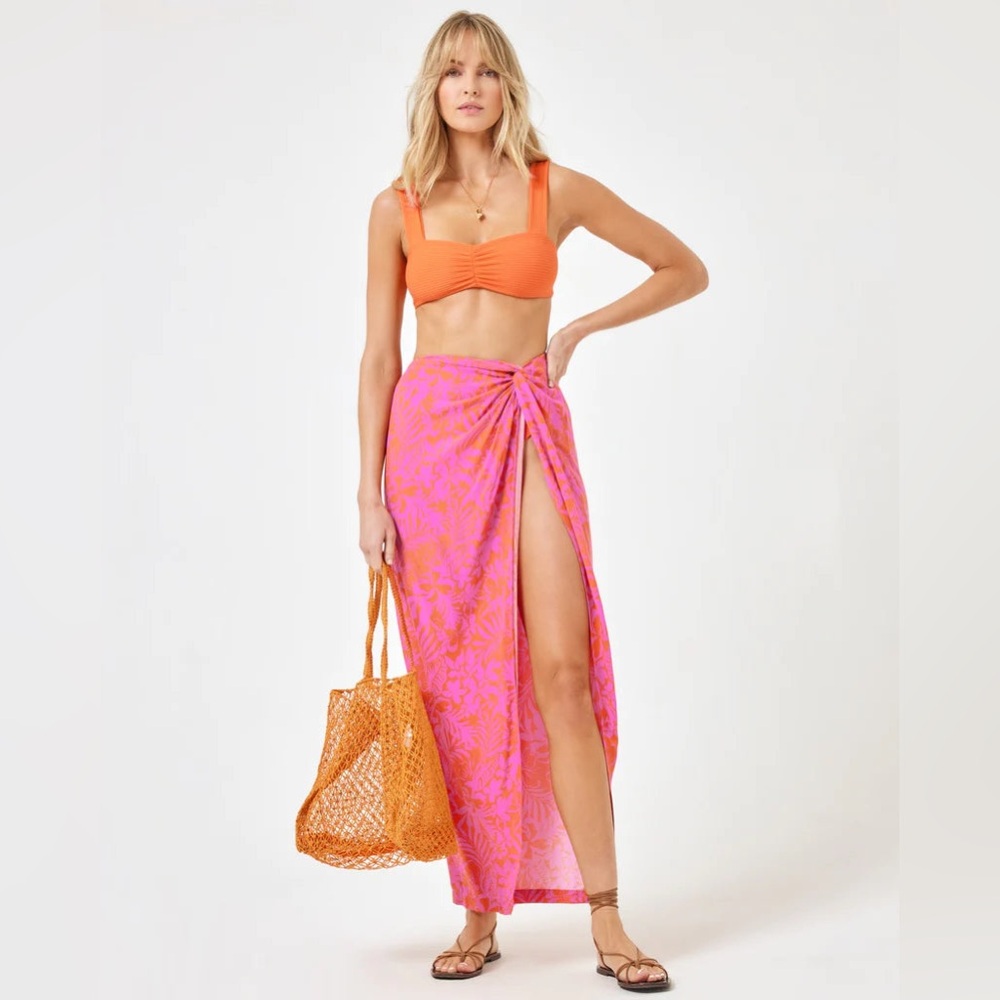 l*space Orange Bikini Top with Pink Tropical Sarong Coverup